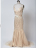 Queen Anne Neckline Champagne Beaded Tulle Floor Length Wedding Dress Luxury Dress Queen Anne Neckline Champagne Beaded Tulle Floor Length Wedding Dress Luxury Dress